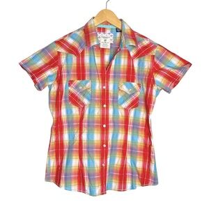 Panhandle Slim Short Sleeve Plaid Multi Colour Pearl Snap Button Western Shirt-M